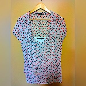 Zac & Rachel, Juniors large, black and pink polka dot short sleeve shirt.